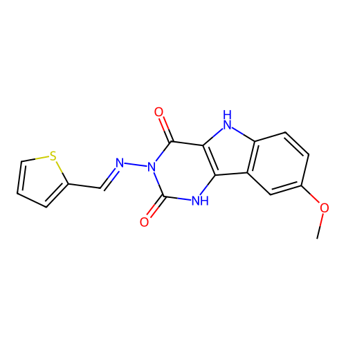 (E)-8-methoxy-3-((thiophen-2-ylmethylene)amino)-1H-pyrimido[5,4-b]indole-2,4(3H,5H)-dione structure