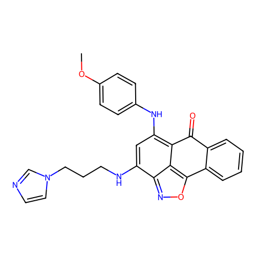 3-((3-(1H-imidazol-1-yl)propyl)amino)-5-((4-methoxyphenyl)amino)-6H-anthra[1,9-cd]isoxazol-6-one structure