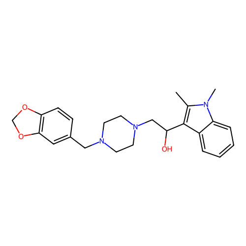 2-[4-(1,3-benzodioxol-5-ylmethyl)piperazin-1-yl]-1-(1,2-dimethylindol-3-yl)ethanol structure