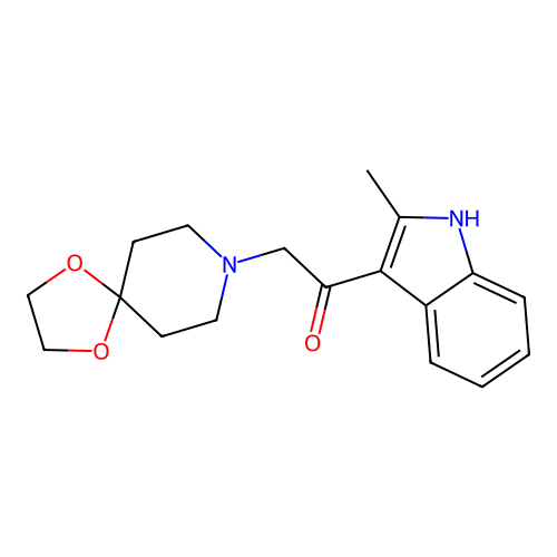 2-(1,4-dioxa-8-azaspiro[4.5]dec-8-yl)-1-(2-methyl-1H-indol-3-yl)ethanone structure
