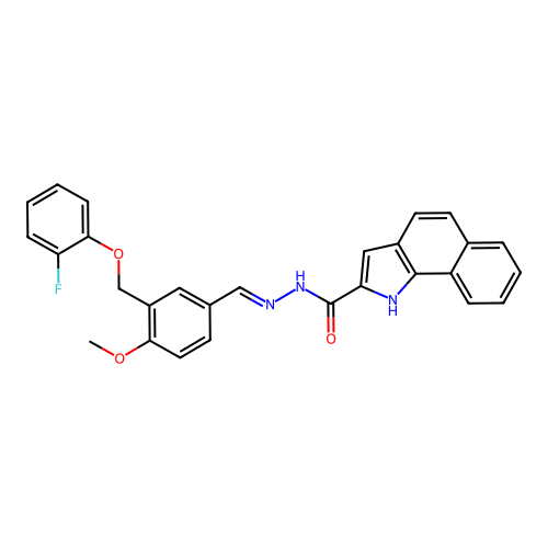 (E)-N'-(3-((2-fluorophenoxy)methyl)-4-methoxybenzylidene)-1H-benzo[g]indole-2-carbohydrazide structure