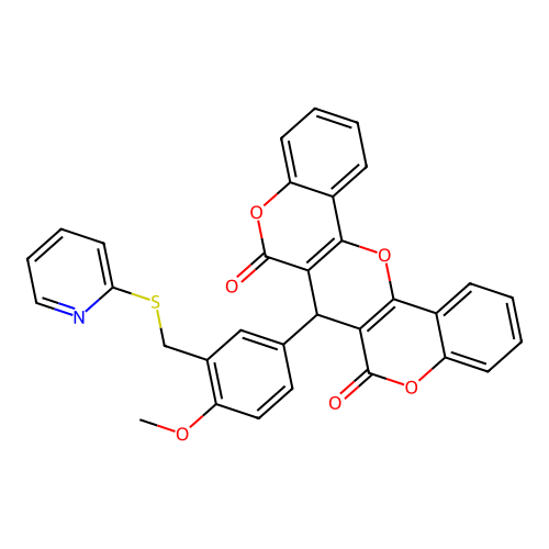 7-(4-methoxy-3-((pyridin-2-ylthio)methyl)phenyl)-6H-pyrano[3,2-c:5,6-c']dichromene-6,8(7H)-dione structure