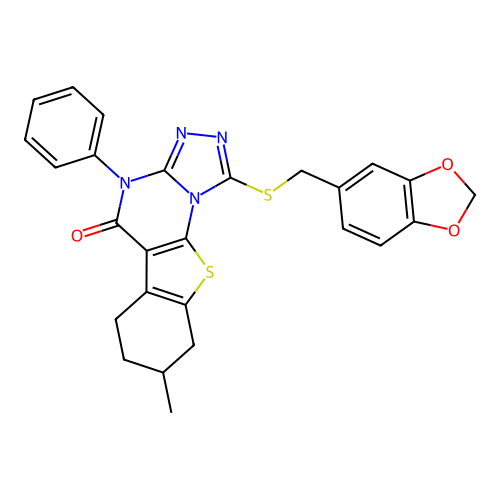 1-((benzo[d][1,3]dioxol-5-ylmethyl)thio)-8-methyl-4-phenyl-6,7,8,9-tetrahydrobenzo[4,5]thieno[3,2-e][1,2,4]triazolo[4,3-a]pyrimidin-5(4H)-one structure
