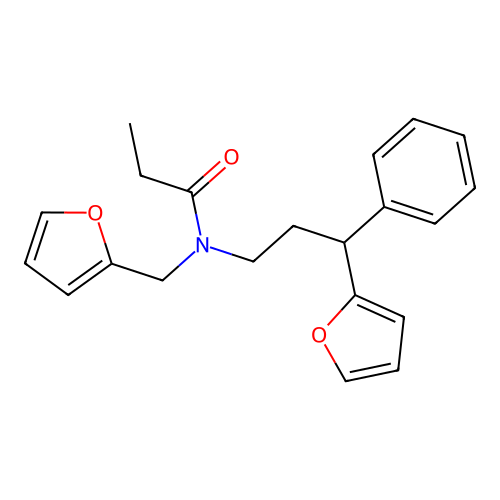 N-(furan-2-ylmethyl)-N-[3-(furan-2-yl)-3-phenylpropyl]propanamide structure