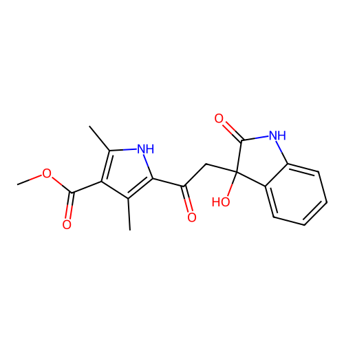 methyl 5-(2-(3-hydroxy-2-oxoindolin-3-yl)acetyl)-2,4-dimethyl-1H-pyrrole-3-carboxylate structure