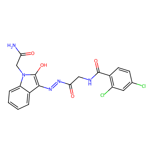 (Z)-N-(2-(2-(1-(2-amino-2-oxoethyl)-2-oxoindolin-3-ylidene)hydrazinyl)-2-oxoethyl)-2,4-dichlorobenzamide structure
