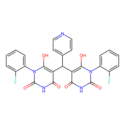 3-(2-fluorophenyl)-5-((1-(2-fluorophenyl)-6-hydroxy-2,4-dioxo-1,2,3,4-tetrahydropyrimidin-5-yl)(pyridin-4-yl)methyl)-6-hydroxypyrimidine-2,4(1H,3H)-dione structure