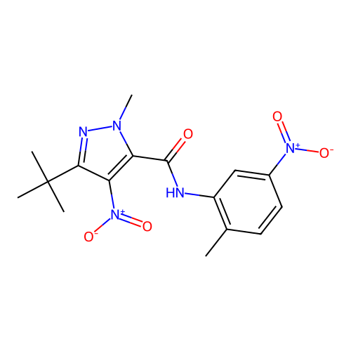 3-(tert-butyl)-1-methyl-N-(2-methyl-5-nitrophenyl)-4-nitro-1H-pyrazole-5-carboxamide structure
