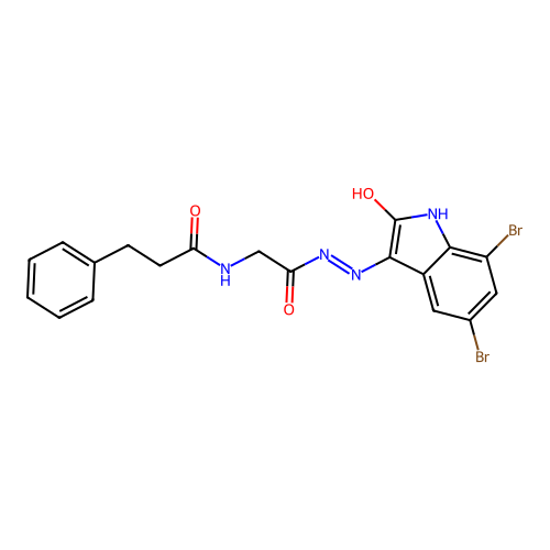N-[[(5,7-dibromo-2-oxo-indol-3-yl)amino]carbamoylmethyl]-3-phenyl-propanamide structure