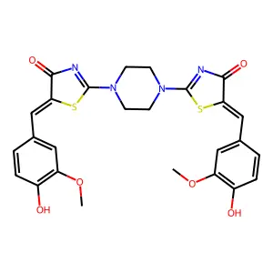 2,2'-(1,4-piperazinediyl)bis[5-(4-hydroxy-3-methoxybenzylidene)-1,3-thiazol-4(5H)-one] structure