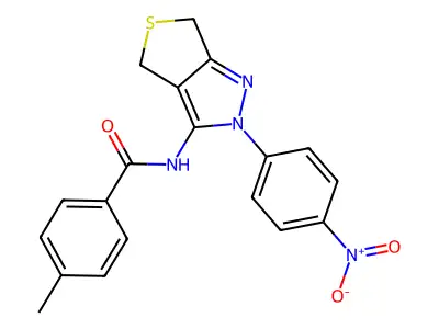 4-methyl-N-[2-(4-nitrophenyl)-4,6-dihydrothieno[3,4-c]pyrazol-3-yl]benzamide structure