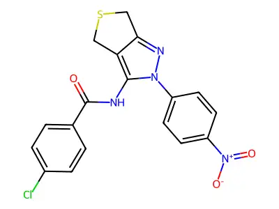 4-chloro-N-(2-(4-nitrophenyl)-4,6-dihydro-2H-thieno[3,4-c]pyrazol-3-yl)benzamide structure