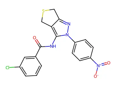 3-chloro-N-(2-(4-nitrophenyl)-4,6-dihydro-2H-thieno[3,4-c]pyrazol-3-yl)benzamide structure