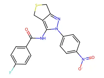 4-fluoro-N-[2-(4-nitrophenyl)-4,6-dihydrothieno[3,4-c]pyrazol-3-yl]benzamide structure