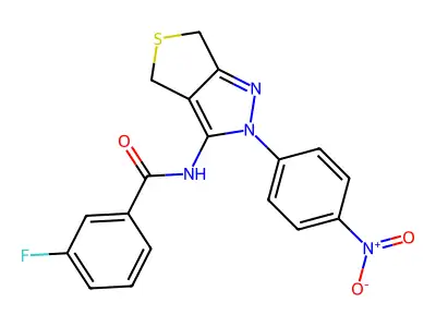 3-fluoro-N-[2-(4-nitrophenyl)-4,6-dihydrothieno[3,4-c]pyrazol-3-yl]benzamide structure