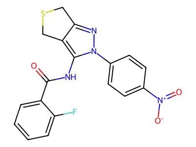 2-fluoro-N-[2-(4-nitrophenyl)-4,6-dihydrothieno[3,4-c]pyrazol-3-yl]benzamide structure