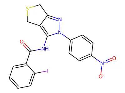 2-iodo-N-[2-(4-nitrophenyl)-4,6-dihydrothieno[3,4-c]pyrazol-3-yl]benzamide structure