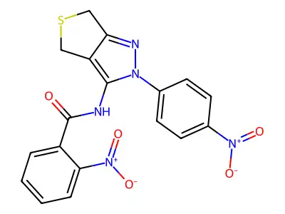 2-nitro-N-(2-(4-nitrophenyl)-4,6-dihydro-2H-thieno[3,4-c]pyrazol-3-yl)benzamide structure