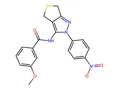 3-methoxy-N-(2-(4-nitrophenyl)-4,6-dihydro-2H-thieno[3,4-c]pyrazol-3-yl)benzamide structure