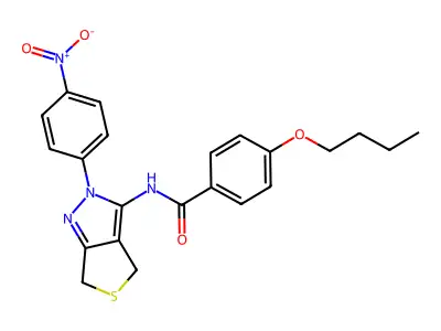 4-butoxy-N-(2-(4-nitrophenyl)-4,6-dihydro-2H-thieno[3,4-c]pyrazol-3-yl)benzamide structure