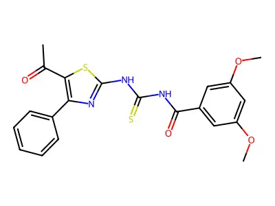 N-((5-acetyl-4-phenylthiazol-2-yl)carbamothioyl)-3,5-dimethoxybenzamide structure