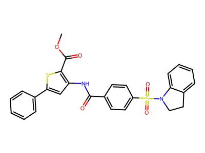 Methyl 3-(4-(indolin-1-ylsulfonyl)benzamido)-5-phenylthiophene-2-carboxylate structure