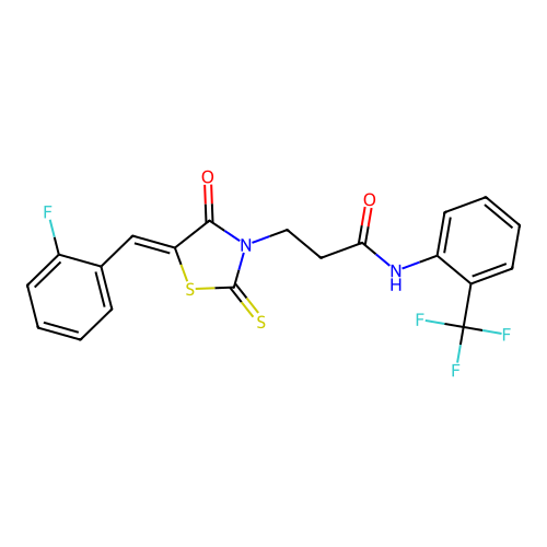3-[(5Z)-5-[(2-fluorophenyl)methylidene]-4-oxo-2-sulfanylidene-1,3-thiazolidin-3-yl]-N-[2-(trifluoromethyl)phenyl]propanamide structure