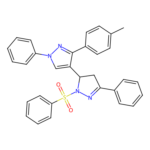 1',5-diphenyl-2-(phenylsulfonyl)-3'-(p-tolyl)-3,4-dihydro-1'H,2H-3,4'-bipyrazole structure
