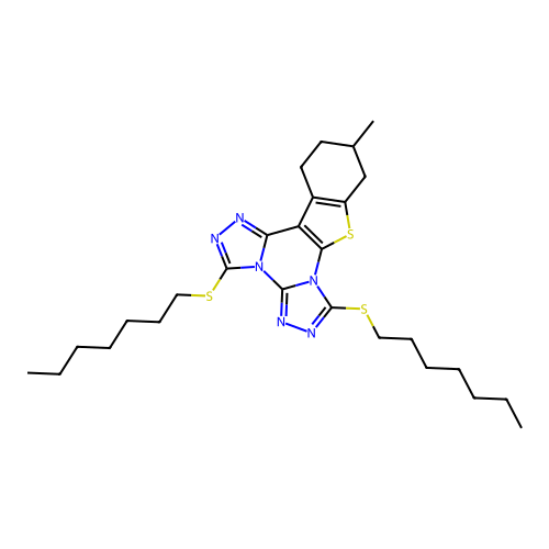 3,7-bis(heptylsulfanyl)-11-methyl-10,11,12,13-tetrahydro[1]benzothieno[3,2-e]bis[1,2,4]triazolo[4,3-a:4',3'-c]pyrimidine structure