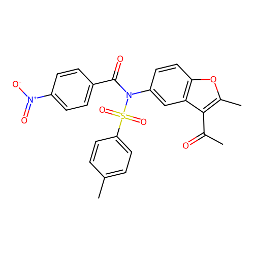 N-(3-acetyl-2-methylbenzofuran-5-yl)-4-nitro-N-tosylbenzamide structure