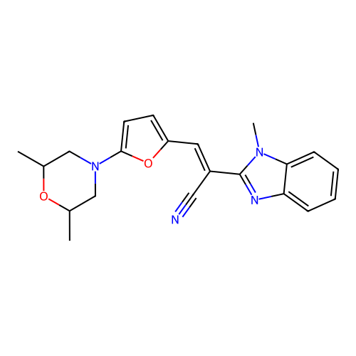 (E)-3-(5-(2,6-dimethylmorpholino)furan-2-yl)-2-(1-methyl-1H-benzo[d]imidazol-2-yl)acrylonitrile structure