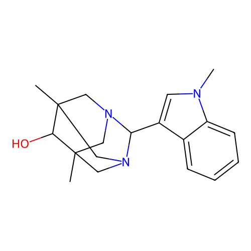 (1r,5R,7S)-5,7-dimethyl-2-(1-methyl-1H-indol-3-yl)-1,3-diazaadamantan-6-ol structure