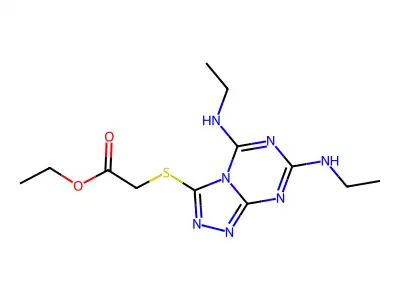 ethyl 2-((5,7-bis(ethylamino)-[1,2,4]triazolo[4,3-a][1,3,5]triazin-3-yl)thio)acetate structure