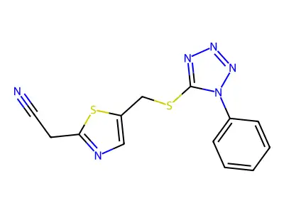 2-(5-(((1-phenyl-1H-tetrazol-5-yl)thio)methyl)thiazol-2-yl)acetonitrile structure
