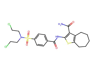2-{4-[bis(2-chloroethyl)sulfamoyl]benzamido}-4H,5H,6H,7H,8H-cyclohepta[b]thiophene-3-carboxamide structure