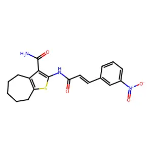 (E)-2-(3-(3-nitrophenyl)acrylamido)-5,6,7,8-tetrahydro-4H-cyclohepta[b]thiophene-3-carboxamide structure