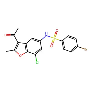 N-(3-acetyl-7-chloro-2-methyl-1-benzofuran-5-yl)-4-bromobenzenesulfonamide structure