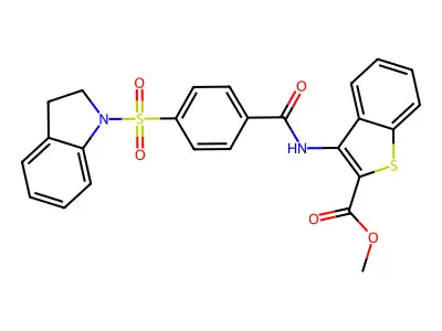 Methyl 3-(4-(indolin-1-ylsulfonyl)benzamido)benzo[b]thiophene-2-carboxylate structure