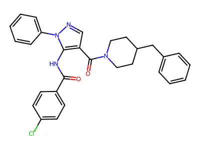 N-[4-(4-benzylpiperidine-1-carbonyl)-2-phenylpyrazol-3-yl]-4-chlorobenzamide structure
