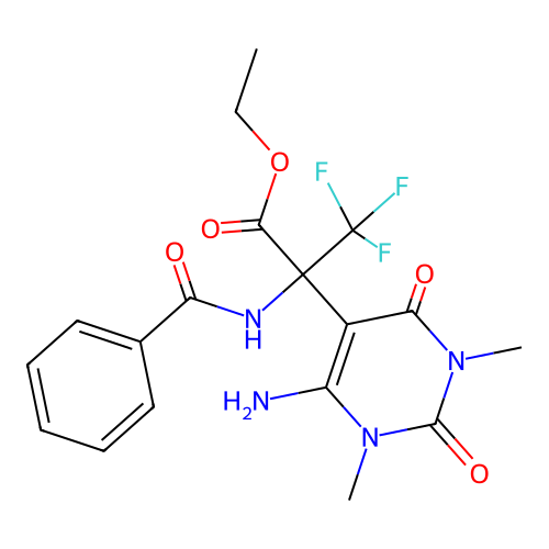 (S)-ethyl 2-(6-amino-1,3-dimethyl-2,4-dioxo-1,2,3,4-tetrahydropyrimidin-5-yl)-2-benzamido-3,3,3-trifluoropropanoate structure