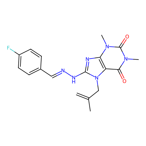 8-[(2E)-2-[(4-fluorophenyl)methylidene]hydrazin-1-yl]-1,3-dimethyl-7-(2-methylprop-2-en-1-yl)-2,3,6,7-tetrahydro-1H-purine-2,6-dione structure