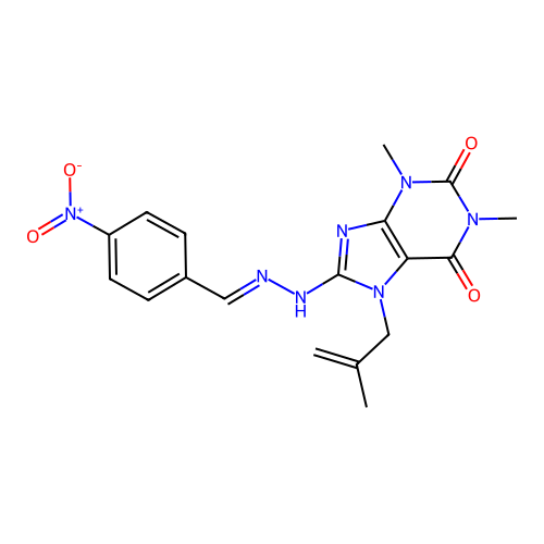 (E)-1,3-dimethyl-7-(2-methylallyl)-8-(2-(4-nitrobenzylidene)hydrazinyl)-1H-purine-2,6(3H,7H)-dione structure