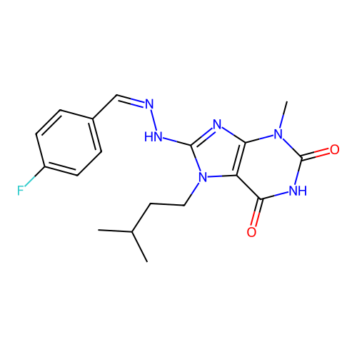(Z)-8-(2-(4-fluorobenzylidene)hydrazinyl)-7-isopentyl-3-methyl-1H-purine-2,6(3H,7H)-dione structure