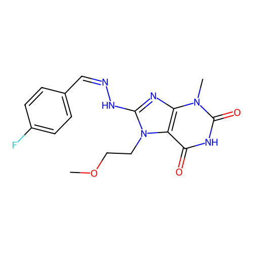 (Z)-8-(2-(4-fluorobenzylidene)hydrazinyl)-7-(2-methoxyethyl)-3-methyl-1H-purine-2,6(3H,7H)-dione structure