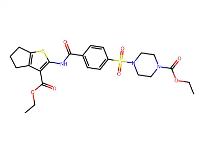 ethyl 4-((4-((3-(ethoxycarbonyl)-5,6-dihydro-4H-cyclopenta[b]thiophen-2-yl)carbamoyl)phenyl)sulfonyl)piperazine-1-carboxylate structure