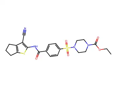 ethyl 4-((4-((3-cyano-5,6-dihydro-4H-cyclopenta[b]thiophen-2-yl)carbamoyl)phenyl)sulfonyl)piperazine-1-carboxylate structure