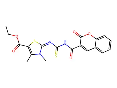 ethyl (2E)-3,4-dimethyl-2-({[(2-oxo-2H-chromen-3-yl)formamido]methanethioyl}imino)-2,3-dihydro-1,3-thiazole-5-carboxylate structure