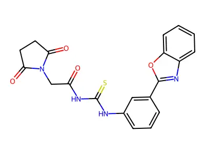N-((3-(benzo[d]oxazol-2-yl)phenyl)carbamothioyl)-2-(2,5-dioxopyrrolidin-1-yl)acetamide structure