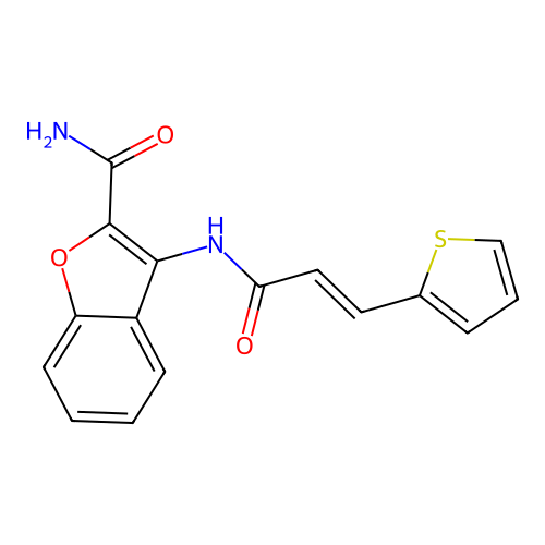 (E)-3-(3-(thiophen-2-yl)acrylamido)benzofuran-2-carboxamide structure