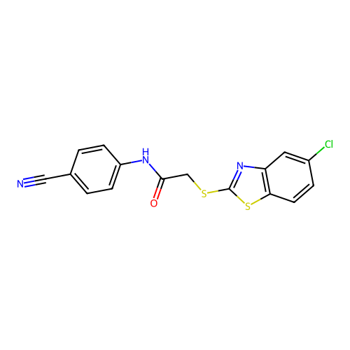 2-[(5-chloro-1,3-benzothiazol-2-yl)sulfanyl]-N-(4-cyanophenyl)acetamide structure